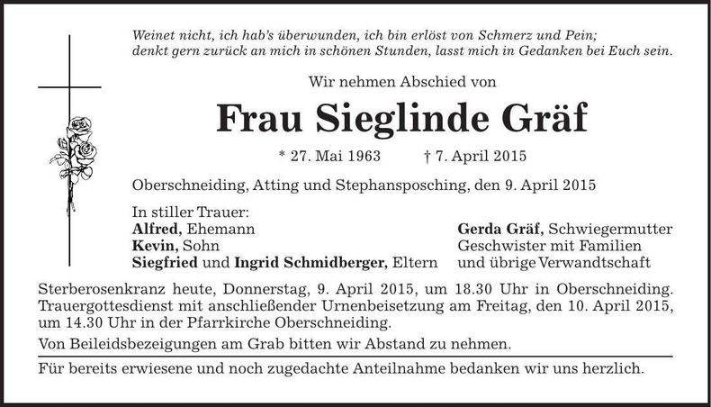 Traueranzeige Sieglinde Gräf