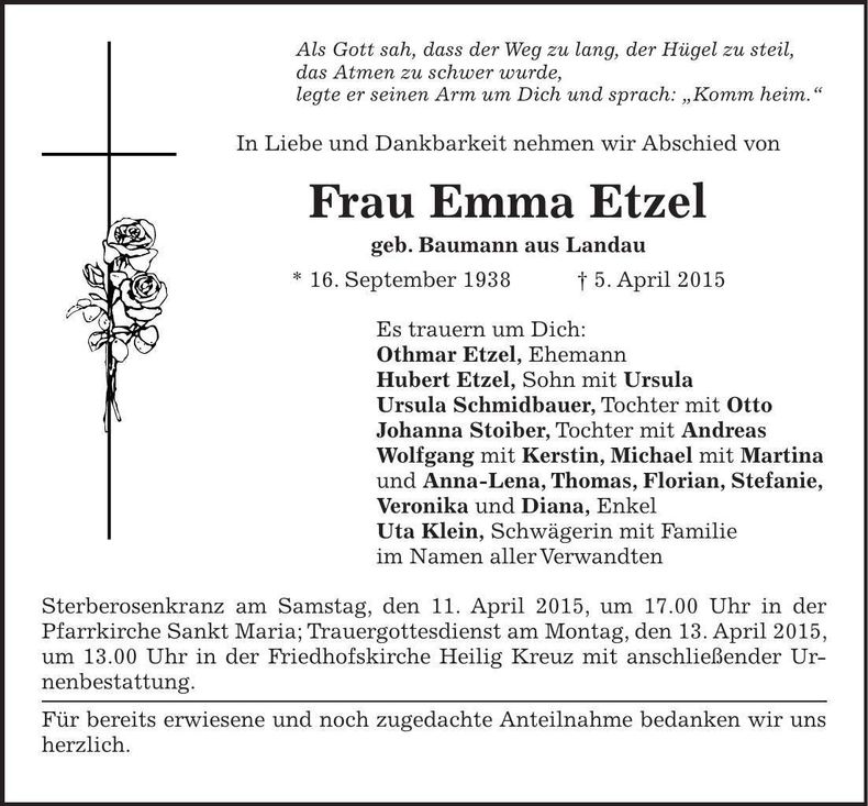 Traueranzeige Emma Etzel