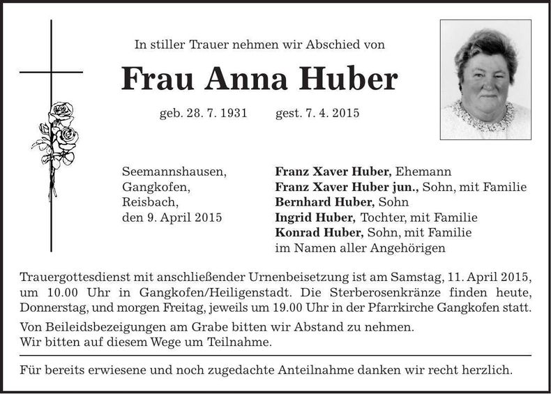 Traueranzeige Anna Huber