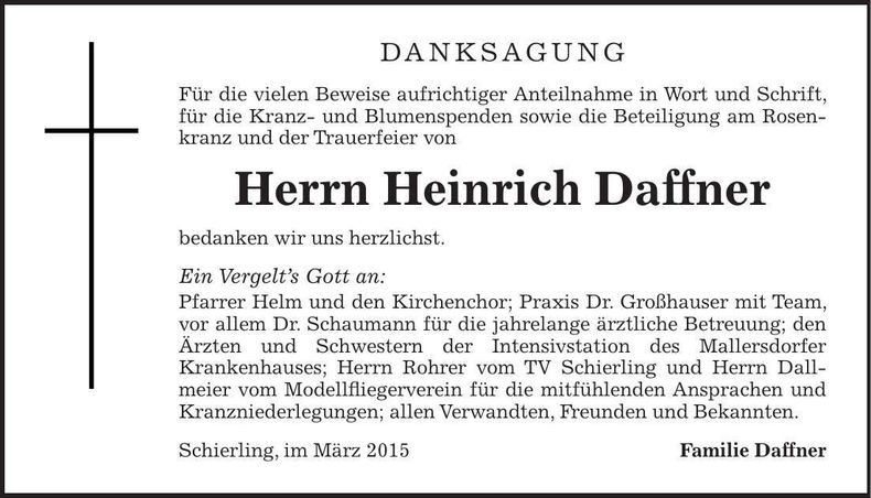 Traueranzeige Heinrich Daffner