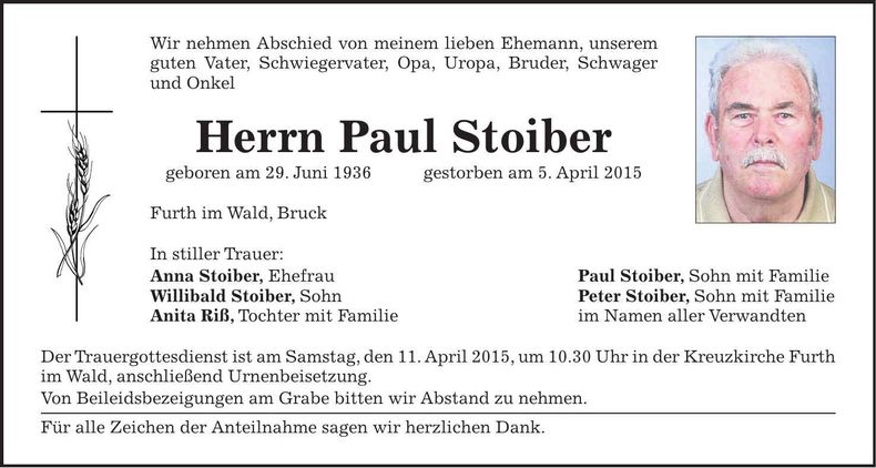 Traueranzeige Paul Stoiber