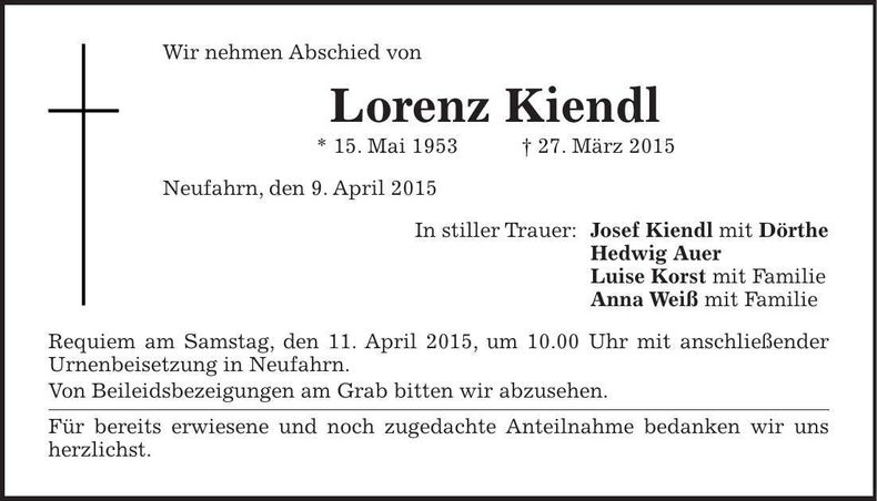 Traueranzeige Lorenz Kiendl