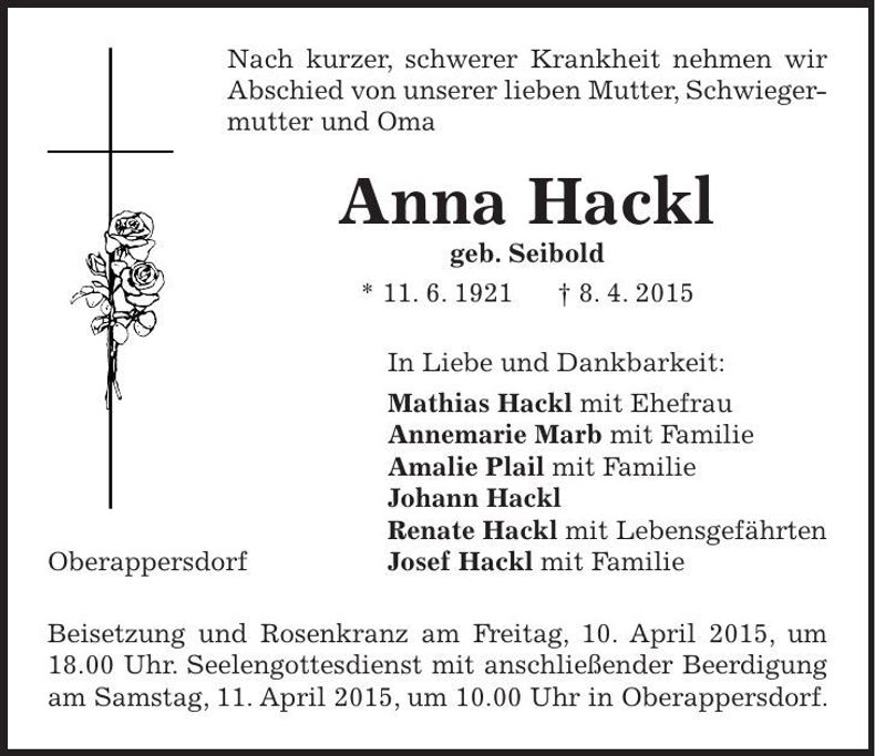 Traueranzeige Anna Hackl