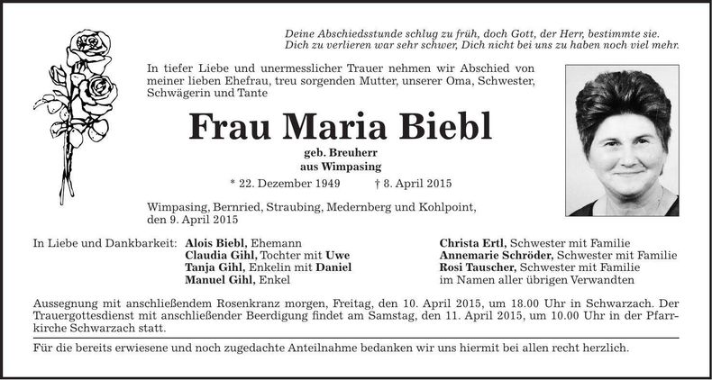Traueranzeige Maria Biebl