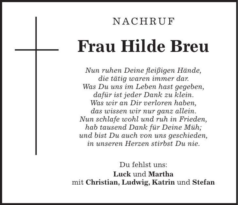 Traueranzeige Hilde Breu