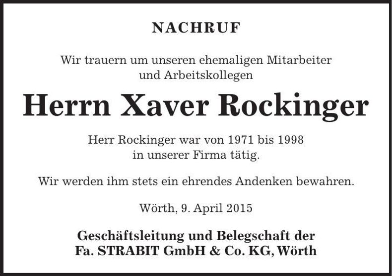 Traueranzeige Xaver Rockinger