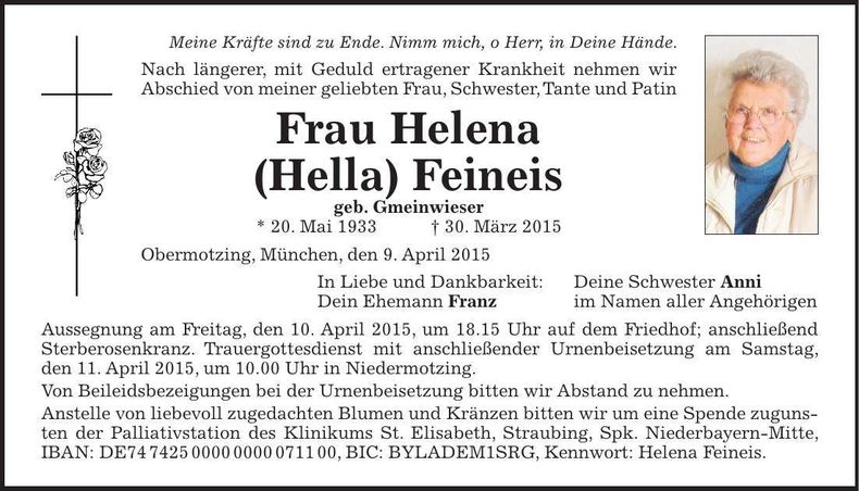 Traueranzeige Helena (Hella) Feineis