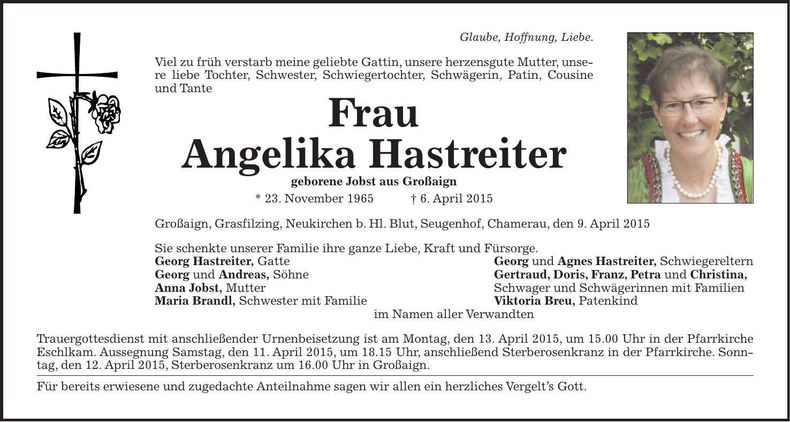 Traueranzeige Angelika Hastreiter