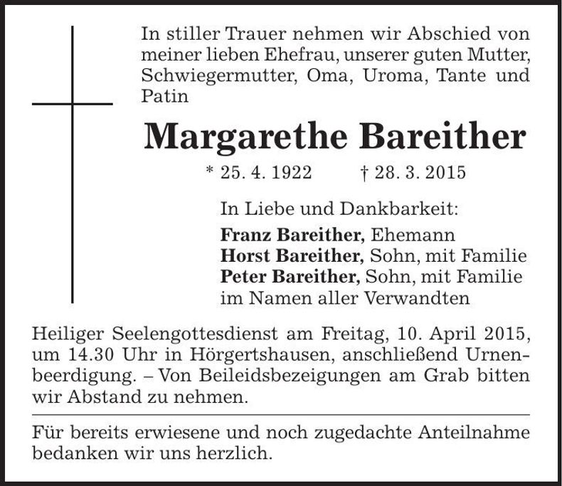 Traueranzeige Margarethe Bareither