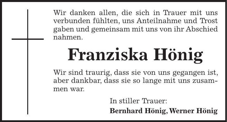 Traueranzeige Franziska Hönig