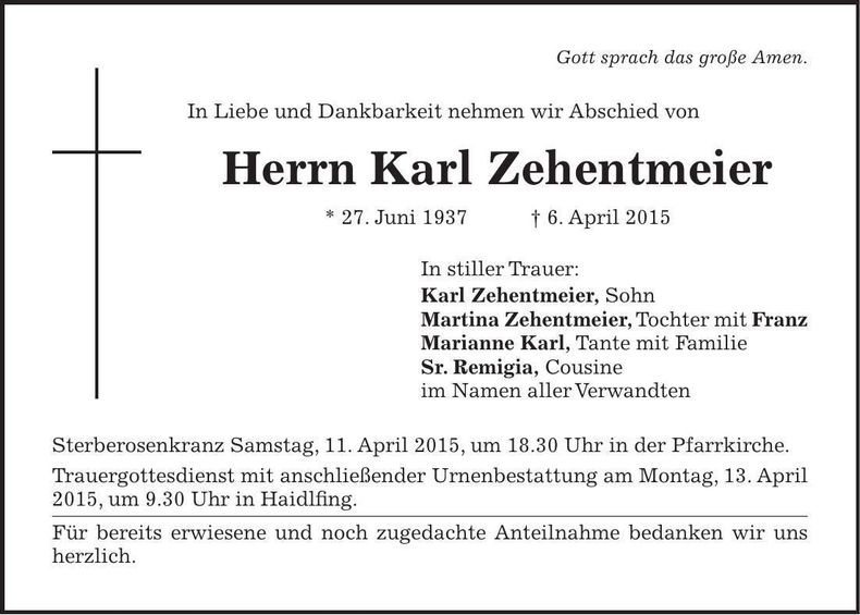 Traueranzeige Karl Zehentmeier
