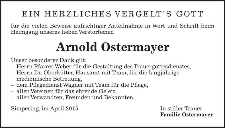 Traueranzeige Arnold Ostermayer