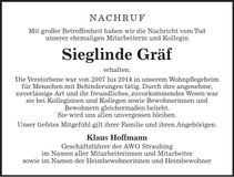 Traueranzeige Sieglinde Gräf