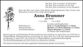 Traueranzeige Anna Brummer