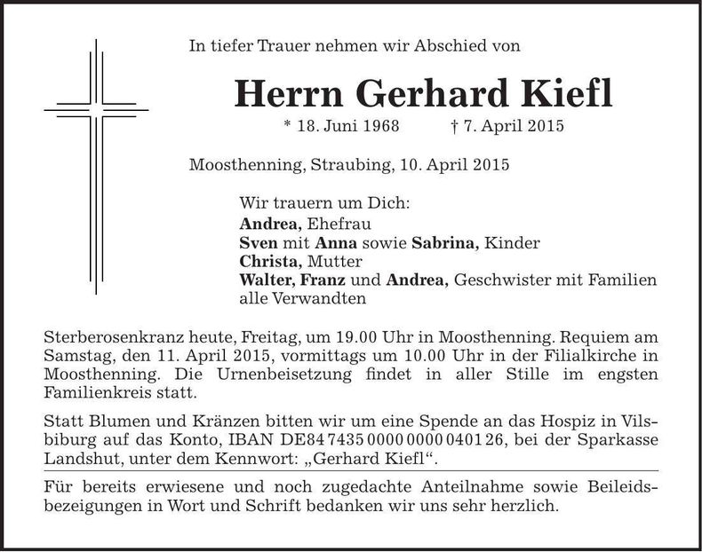 Traueranzeige Gerhard Kiefl