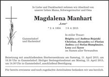 Traueranzeige Magdalena Manhart