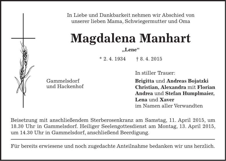 Traueranzeige Magdalena Manhart