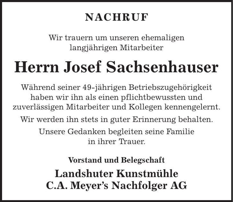 Traueranzeige Josef Sachsenhauser