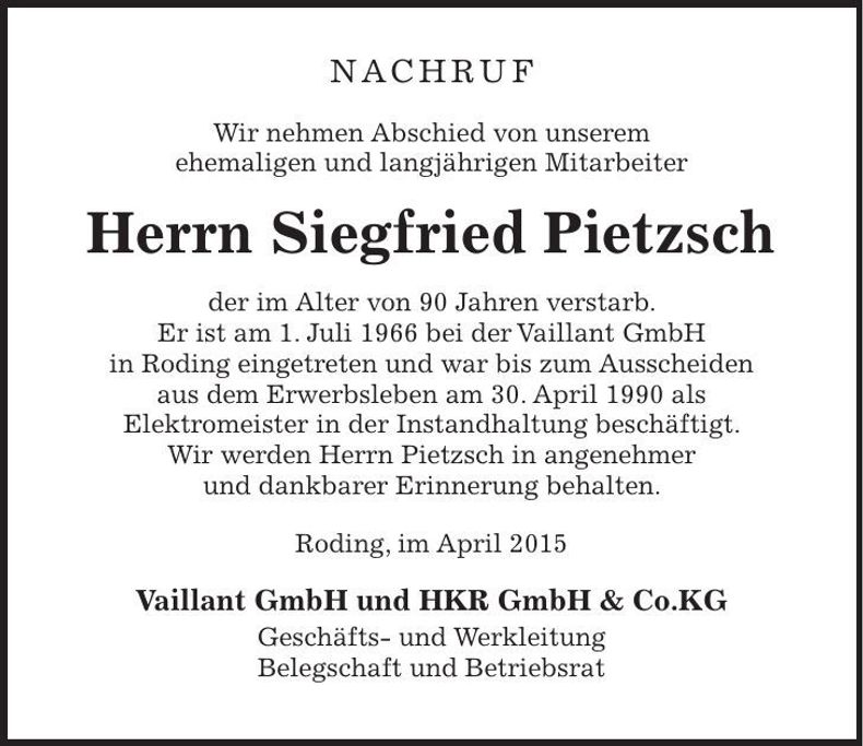 Traueranzeige Siegfried Pietzsch