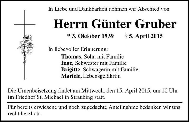 Traueranzeige Günter Gruber