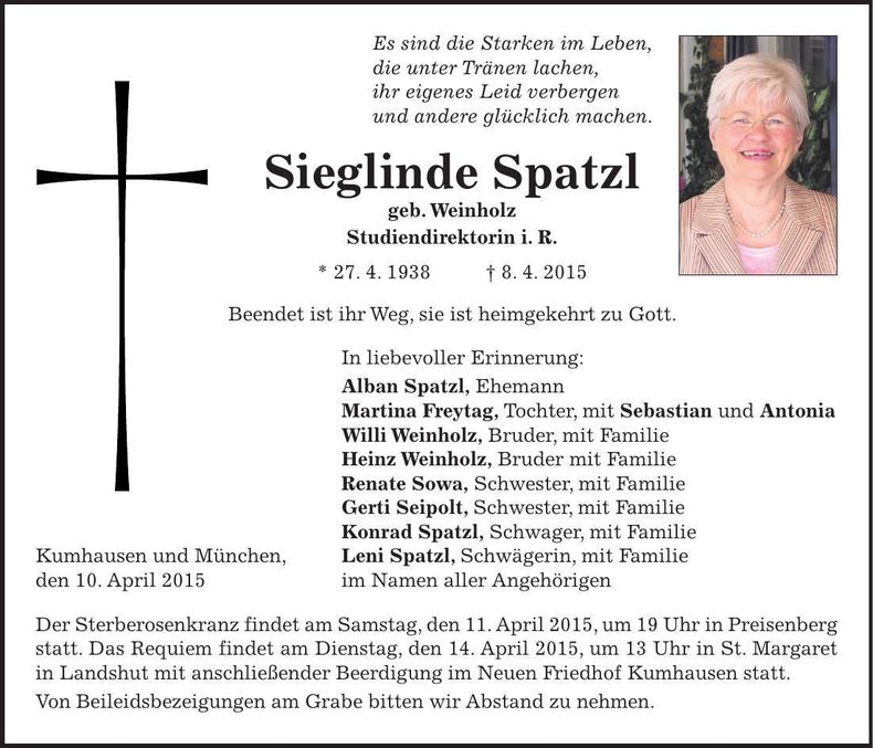 Traueranzeige Sieglinde Spatzl