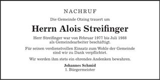 Traueranzeige Alois Streifinger