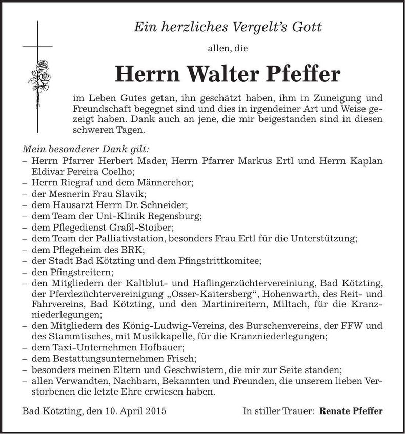 Traueranzeige Walter Pfeffer