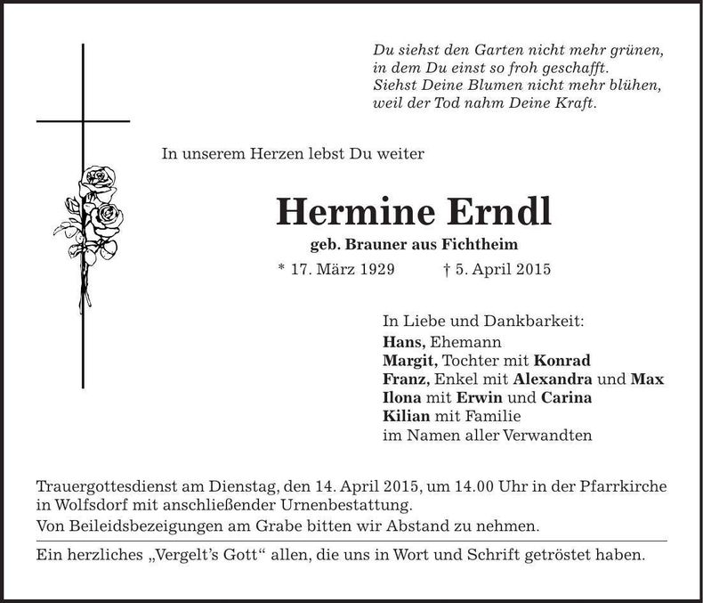 Traueranzeige Hermine Erndl