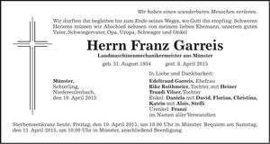 Traueranzeige Franz Garreis