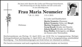 Traueranzeige Maria Neumeier