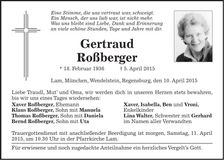 Traueranzeige Gertraud Roßberger