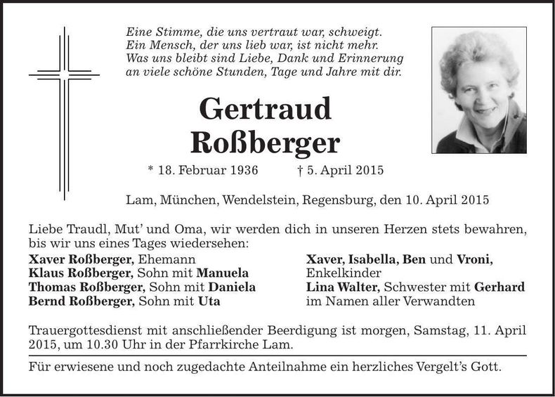 Traueranzeige Gertraud Roßberger