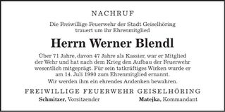 Traueranzeige Werner Blendl