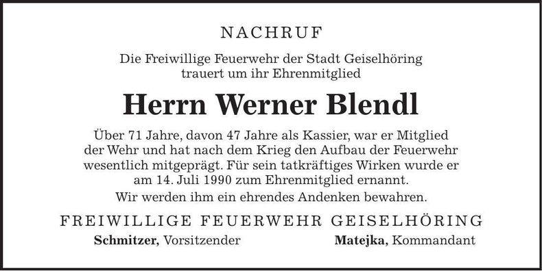 Traueranzeige Werner Blendl