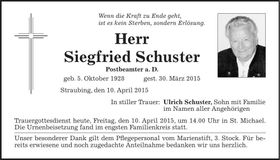 Traueranzeige Siegfried Schuster