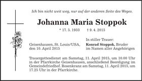 Traueranzeige Johanna Maria Stoppok