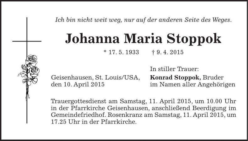Traueranzeige Johanna Maria Stoppok