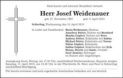 Traueranzeige Josef Weidenauer