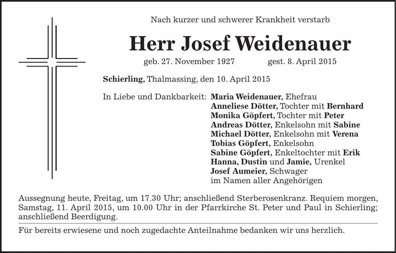 Traueranzeige Josef Weidenauer