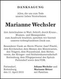 Traueranzeige Marianne Wechsler