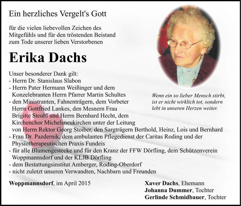 Traueranzeige Erika Dachs