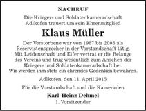 Traueranzeige Klaus Müller