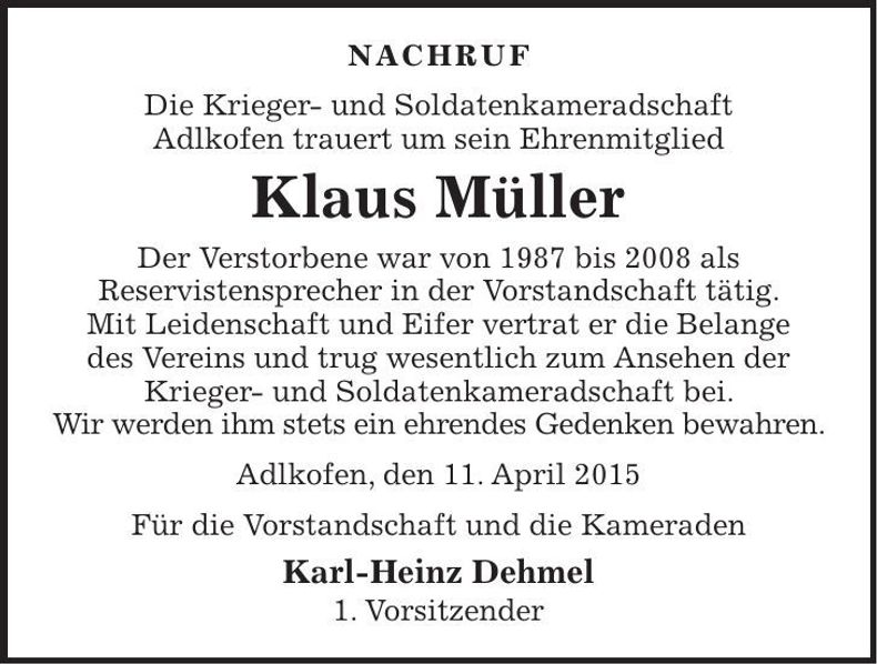 Traueranzeige Klaus Müller
