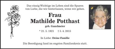Traueranzeige Mathilde Potthast