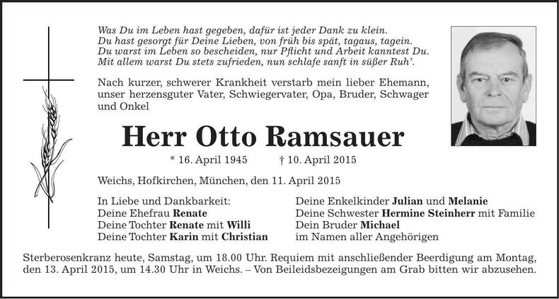 Traueranzeige Otto Ramsauer