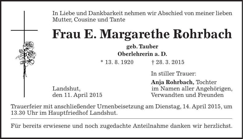 Traueranzeige Margarethe Rohrbach