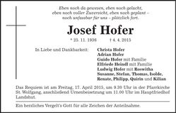 Traueranzeige Josef Hofer