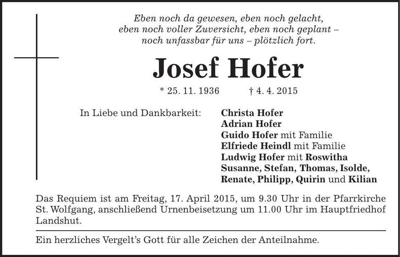 Traueranzeige Josef Hofer