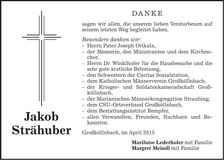 Traueranzeige Jakob Strähuber