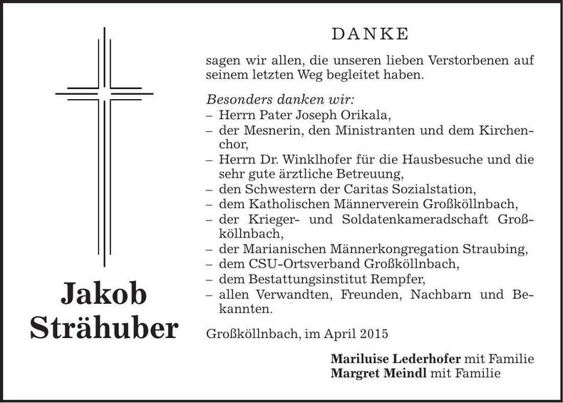 Traueranzeige Jakob Strähuber